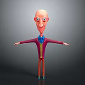3D Bald Headed Cartoon Character With Big Eyes Purple Coat Blue Shirt And Arms Outstretched