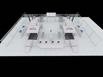 White Exhibition Booth With Open Design Multiple Display Counters Blue Accents And Fencing 3d model