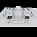 White Exhibition Booth With Open Design Multiple Display Counters Blue Accents And Fencing