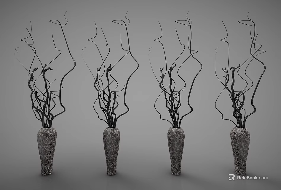 Decorative Ornament Set with Textured Vases and Black Curved Branches Four Piece Modern Decor Arrangement 3d model 