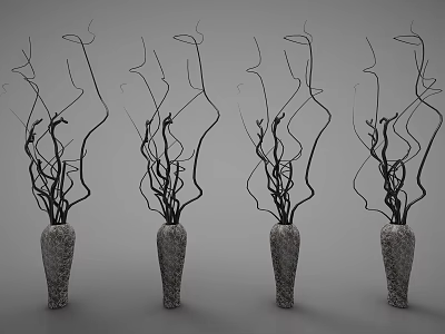 Decorative Ornament Set with Textured Vases and Black Curved Branches Four Piece Modern Decor Arrangement 3d model