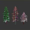 Three Evergreen Arbor Trees With Green Canopies And Brown Trunks On Gray Background