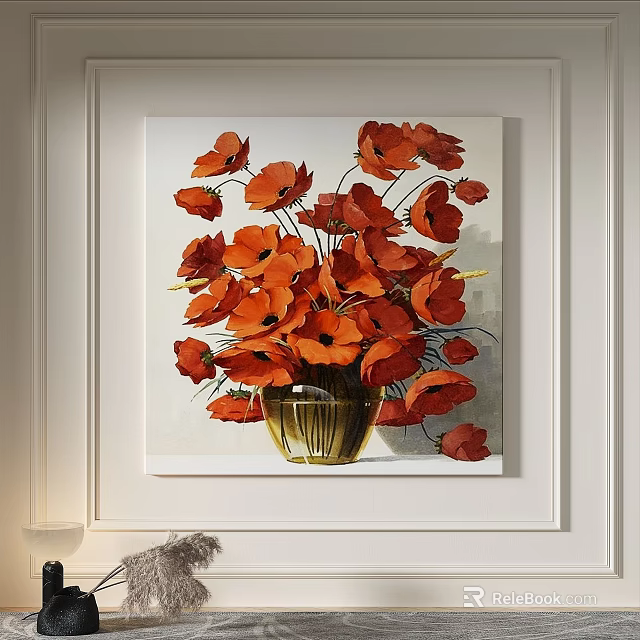 Oil Painting of Red Poppies in Golden Vase on White Wall Decor 3d model 