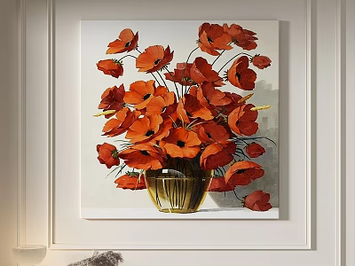 Oil Painting of Red Poppies in Golden Vase on White Wall Decor 3d model