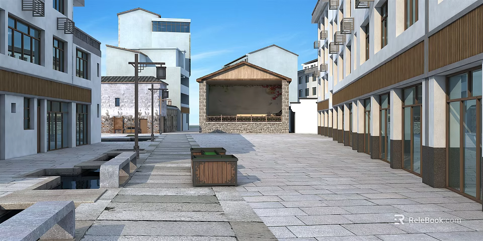 Traditional Street Area With Stone Pavement Central Stage And Mixed Architecture Buildings 3d model 