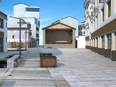 Traditional Street Area With Stone Pavement Central Stage And Mixed Architecture Buildings 3d model