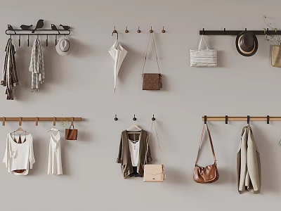 Neat Wall Mounted Coat Racks Displaying Shirts Coats Bags Hats And Umbrella 3d model