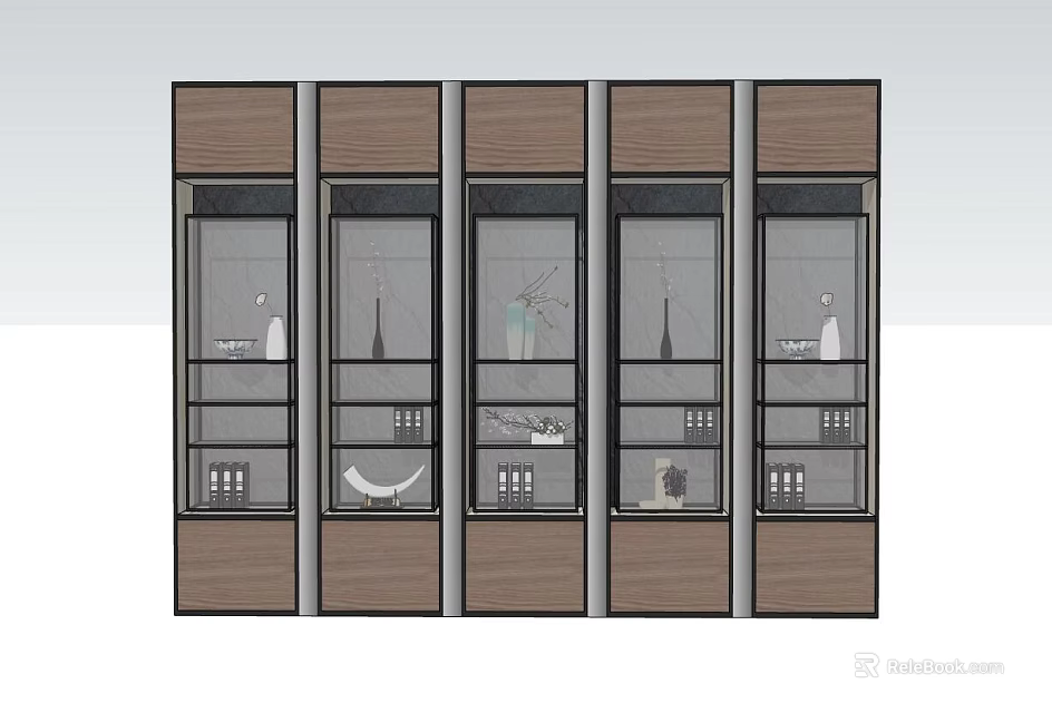 Five In A Row Modern Wooden Storage Cabinets With Glass Doors And Items Inside 3d model 