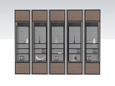 Five In A Row Modern Wooden Storage Cabinets With Glass Doors And Items Inside 3d model