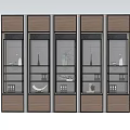 Five In A Row Modern Wooden Storage Cabinets With Glass Doors And Items Inside