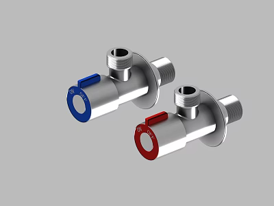 Two Chrome Water Valves With Red And Blue Handles For Plumbing Fixtures 3d model