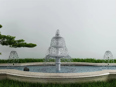 Garden Fountain Multi Tiered Water Feature With Flowing Water And Green Lawn Near Small Tree 3d model