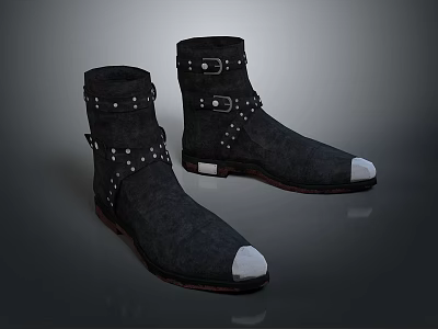 Black Ankle Boots With Studs Buckles And White Toe Caps Design 3d model