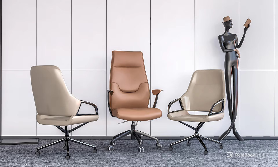 Stylish Office Chairs With Beige And Tan Leather Seats Armrests And Black Wheels 3d model 