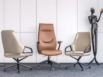 Stylish Office Chairs With Beige And Tan Leather Seats Armrests And Black Wheels 3d model