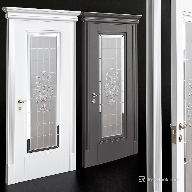 Stylish White And Dark Gray Swing Doors With Glass Panels Decorative Patterns Handles And Locks 3d model 