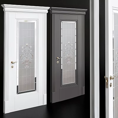 Stylish White And Dark Gray Swing Doors With Glass Panels Decorative Patterns Handles And Locks 3d model
