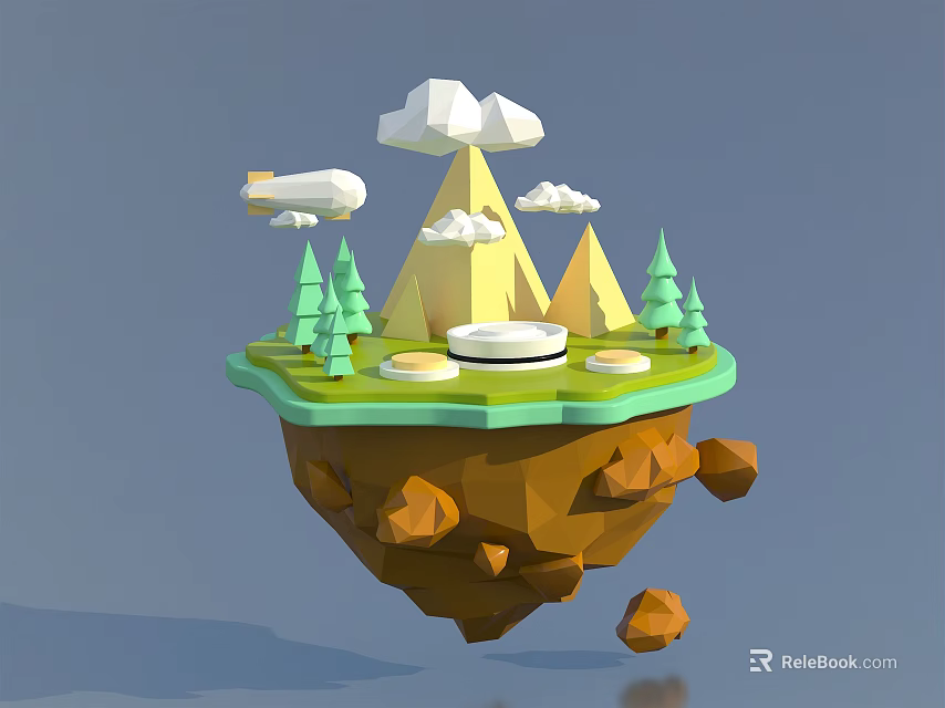 3D Cartoon Ecommerce Background With Floating Island Green Grass Pine Trees Pyramid Mountains And Clouds 3d model 