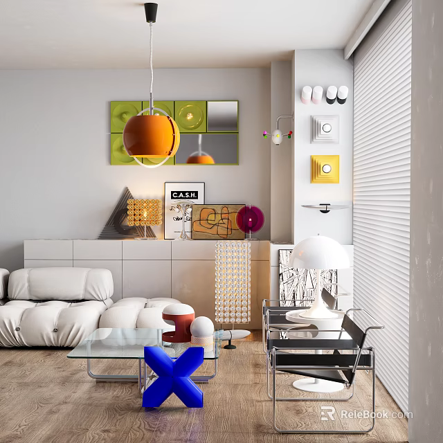 Modern Living Room Interior With White Sofa Glass Coffee Table And Decorative Artworks 3d model 