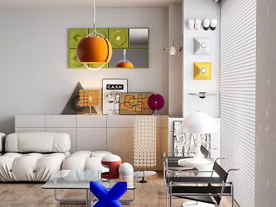 Modern Living Room Interior With White Sofa Glass Coffee Table And Decorative Artworks 3d model