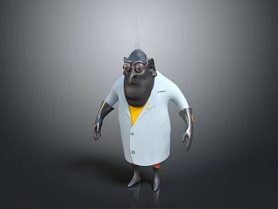 Cartoon Game Movie Character With Dark Body White Lab Coat Yellow Shirt Glasses Metallic Arms 3d model