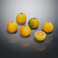 Six Ripe Oranges Including One Half Cut on Smooth Gray Surface with Reflections