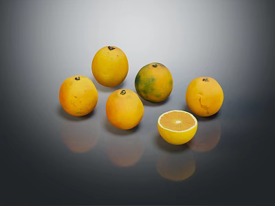 Six Ripe Oranges Including One Half Cut on Smooth Gray Surface with Reflections 3d model