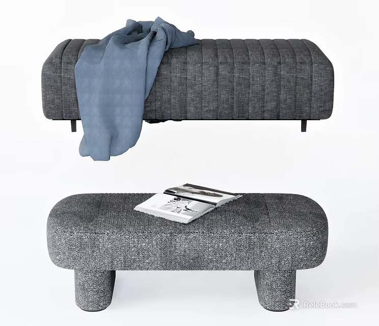 Modern Gray Upholstered Sofa Bench With Soft Blue Blanket Magazines And Wooden Legs 3d model 