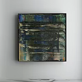 Abstract Painting With Layered Brushstrokes Blue Green Tones And Black Accents
