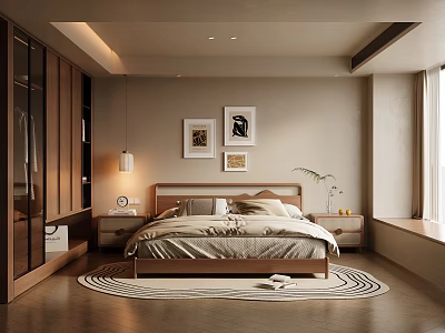 Minimalist Modern Bedroom Interior With Wooden Bed Decorative Paintings Nightstands And Area Rug 3d model
