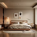 Minimalist Modern Bedroom Interior With Wooden Bed Decorative Paintings Nightstands And Area Rug