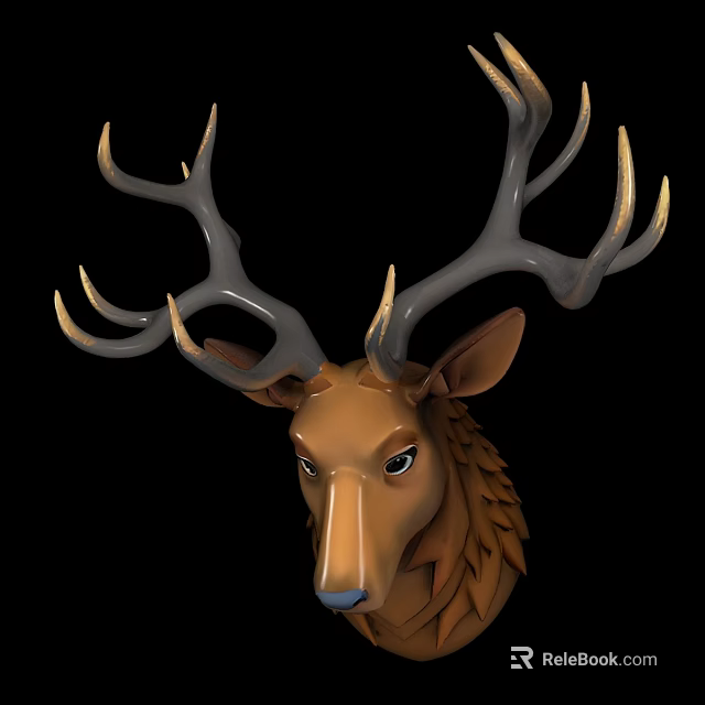 Detailed Deer Head Sculpture With Large Antlers And Golden Tips Artistic Carving 3d model 