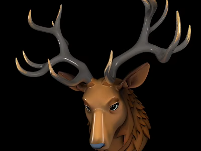 Detailed Deer Head Sculpture With Large Antlers And Golden Tips Artistic Carving 3d model