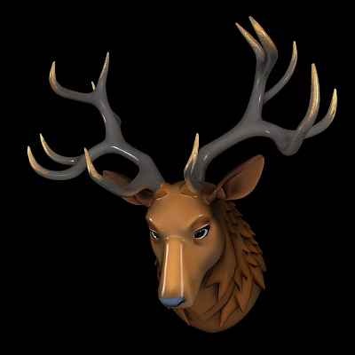 Detailed Deer Head Sculpture With Large Antlers And Golden Tips Artistic Carving 3d model