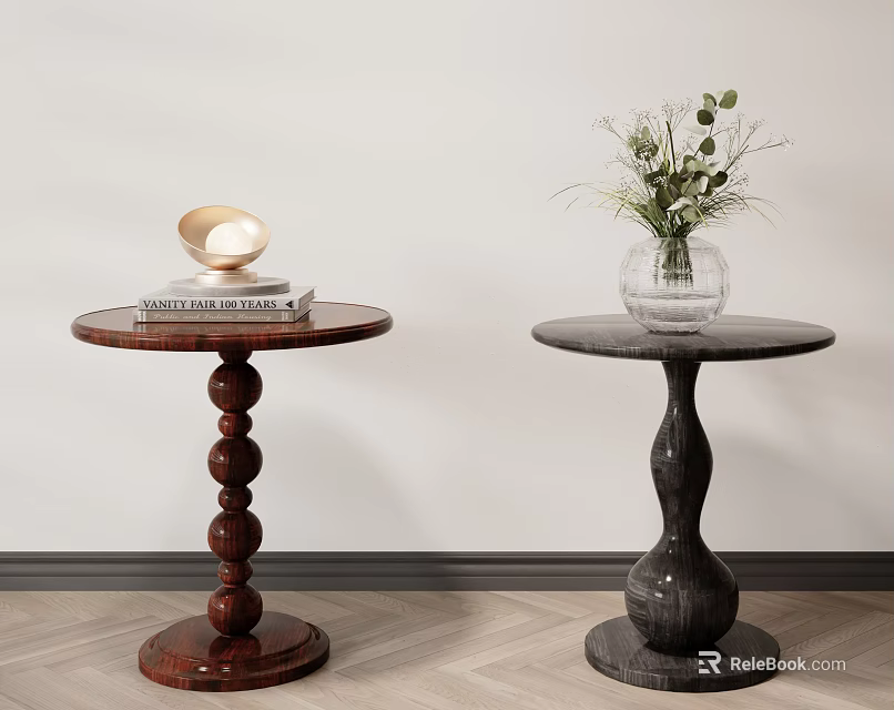 Stylish Side Tables With Decorative Vase Books And Shell On Unique Base Design 3d model 