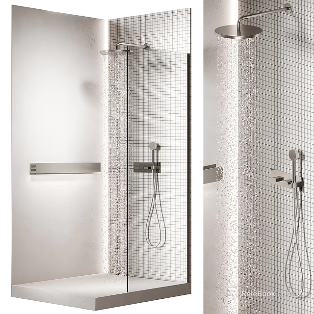 Modern Bathroom Interior Design With Glass Shower Partition Tiled Walls And Showerhead 3d model 