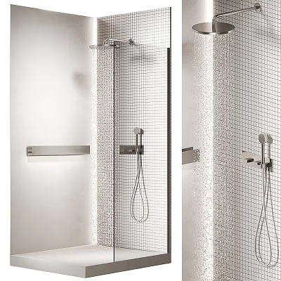 Modern Bathroom Interior Design With Glass Shower Partition Tiled Walls And Showerhead 3d model