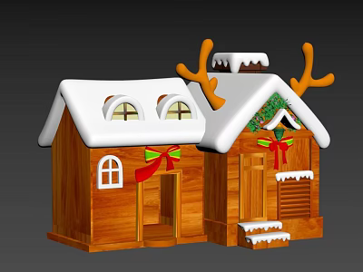 Cartoon Christmas Scene With Wooden Houses Snow Covered Roofs Reindeer Antlers Red Bows Holly Decorations 3d model