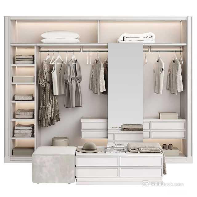 Modern White Wardrobe Interior Design With Hanging Clothes Folded Towels Shelves And Mirror 3d model 