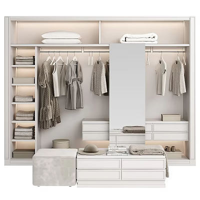 Modern White Wardrobe Interior Design With Hanging Clothes Folded Towels Shelves And Mirror 3d model