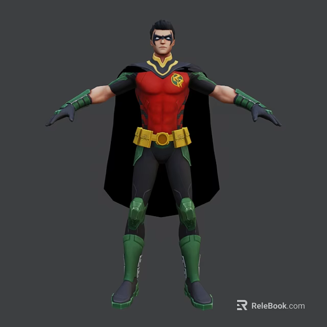 Game Movie Character Robin In Red Green Outfit With Black Cape And Yellow Belt 3d model 