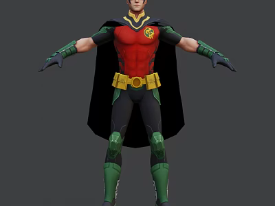 Game Movie Character Robin In Red Green Outfit With Black Cape And Yellow Belt 3d model