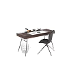 Modern Wooden Office Desk With Metal Frame Featuring Top Glasses Notebook And Wire Baskets