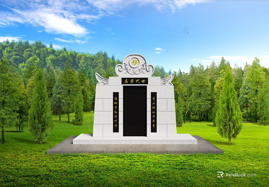 White Garden Memorial Ornament With Decorative Top Lawn And Green Trees Under Blue Sky 3d model 