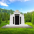White Garden Memorial Ornament With Decorative Top Lawn And Green Trees Under Blue Sky