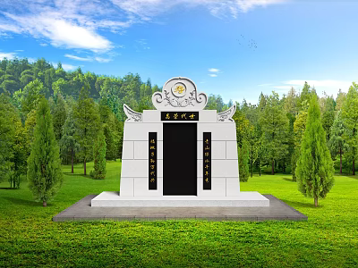White Garden Memorial Ornament With Decorative Top Lawn And Green Trees Under Blue Sky 3d model