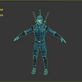 3D Character Model In Blue Uniform With Black Yellow Antennae And Arms Outstretched