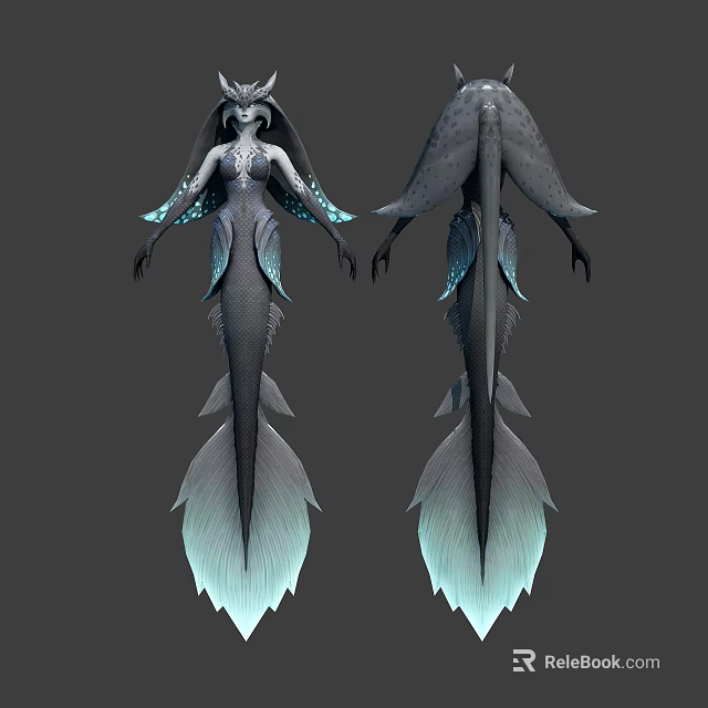 Fantasy Creature Character Design With Mermaid Like Tail And Decorative Fins Front Back Views 3d model 