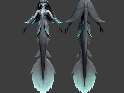 Fantasy Creature Character Design With Mermaid Like Tail And Decorative Fins Front Back Views 3d model