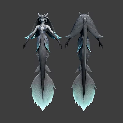 Fantasy Creature Character Design With Mermaid Like Tail And Decorative Fins Front Back Views 3d model